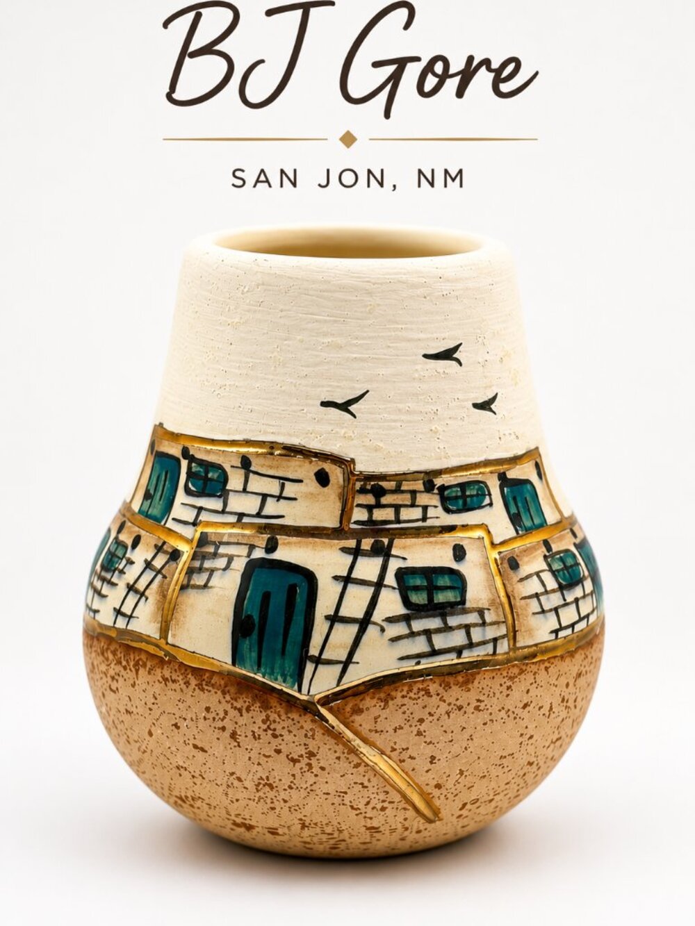 BJ Gore San Jon NM Hand Painted Studio Art Pottery Vase Southwest Pueblo 4.5"